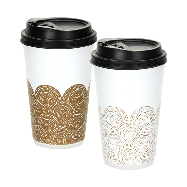 Rays Smooth Double Wall Coffee Cups with Lids - Gold