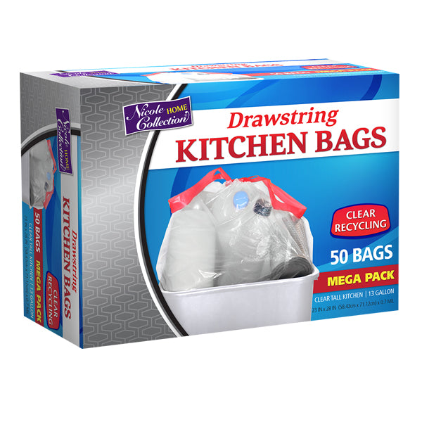 13 Gallon Clear Tall Kitchen Drawstring Bags – Heavy Duty Trash Bags for Home & Office Use