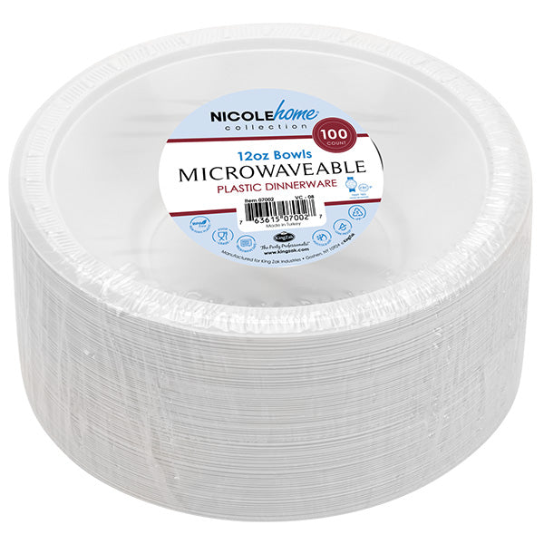 12oz Plastic Bowls - White - Durable PP Disposable Bowls for Parties, Catering & Events