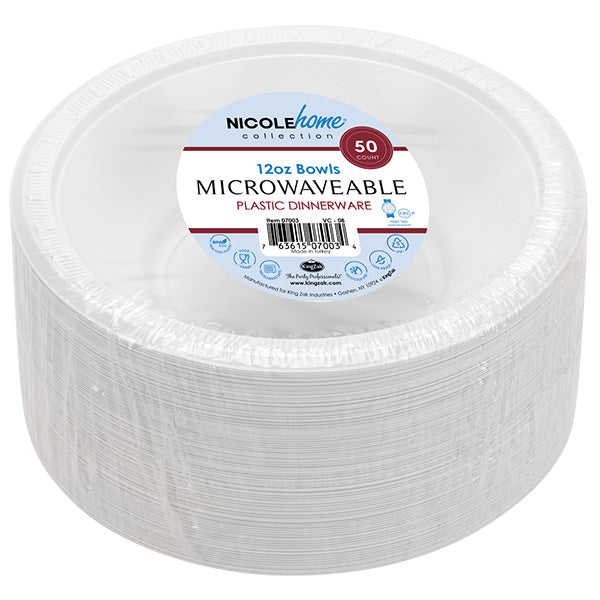 12oz Plastic Bowls - White - Durable PP Disposable Bowls for Parties, Catering & Events
