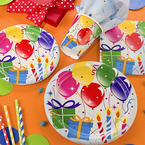 Premium Heavy Weight Paper Birthday Balloons Tableware<br/>Size Options: 9inch Plate, 7inch Plate, Lunch Napkin, 9oz Cup and 54inchx96inch Tablecover
