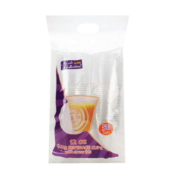 12oz Clear PET Plastic Cups with Straw Lids - Durable Disposable Cold Drink Cups with Flat Lids