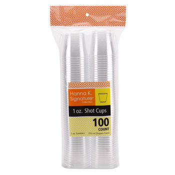 Pack of Hanna K. Signature 1 oz. shot cups with a clear plastic bag on a white background