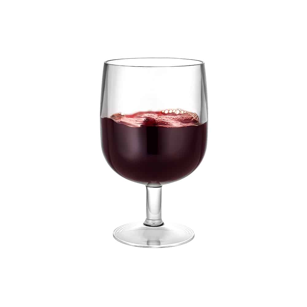 Clear Premium Plastic 9oz Short-Stem Wine Goblet With Red Wine