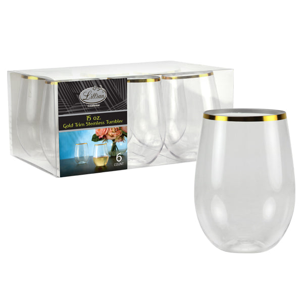 Modern Stemless Drinkware with Gold Trim - Clear with Gold Trim Modern Toasting Glass