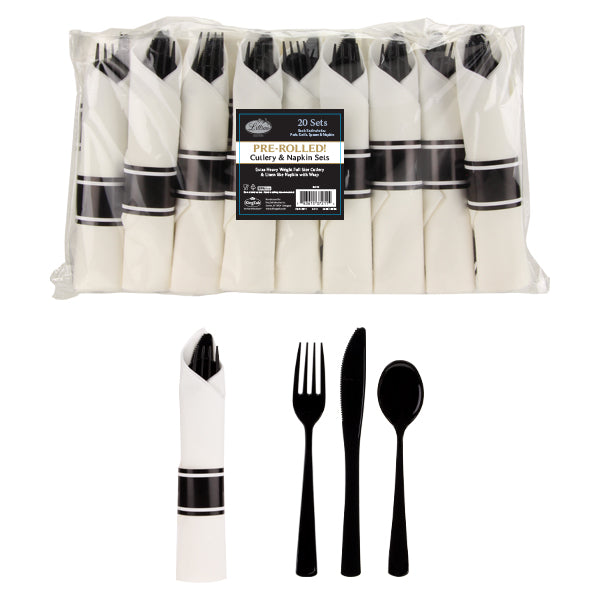 Premium Rolled Cutlery Combo with Napkin - Black - 60 count