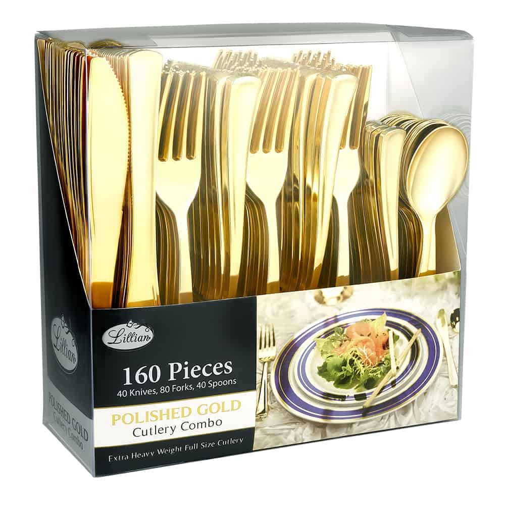 Combo Cutlery Set – Polished Gold Premium Plastic for Elegant Disposable Dining [960 count]