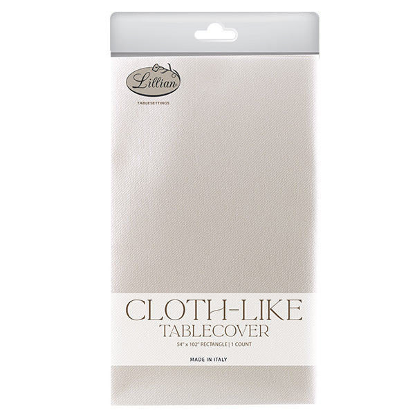 Packaged cloth-like tablecover with Lillian branding on a white background