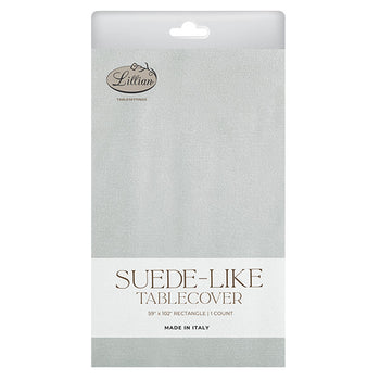 Packaged suede-like tablecover with Lillian branding on a white background