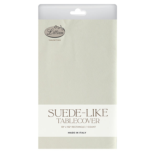 Packaged suede-like tablecover with Lillian branding on a white background
