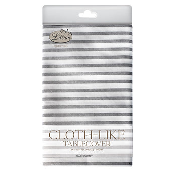 Packaged cloth-like tablecover with gray and white stripes on a white background
