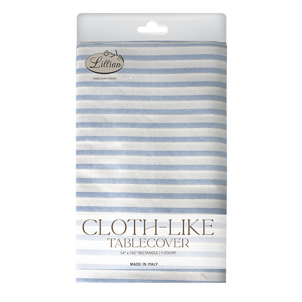 Packaged cloth-like tablecover with blue and white stripes on a white background