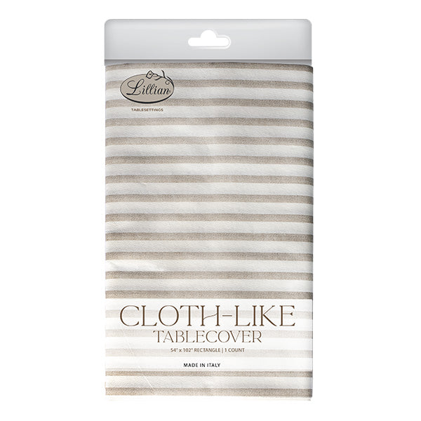 Packaged cloth-like tablecover with striped pattern on a white background