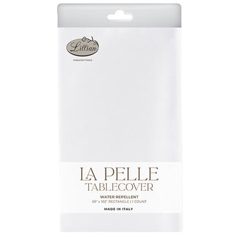 Packaged Lillian La Pelle tablecover with brand logo on a white background