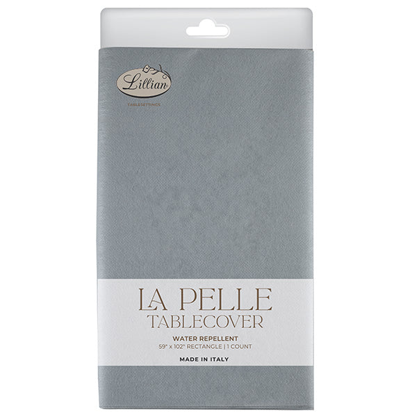 Packaged gray tablecloth with 'Lillian' branding on a white background
