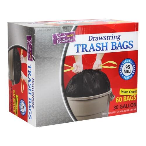Complete Home Drawstring Trash Bags Black, Black