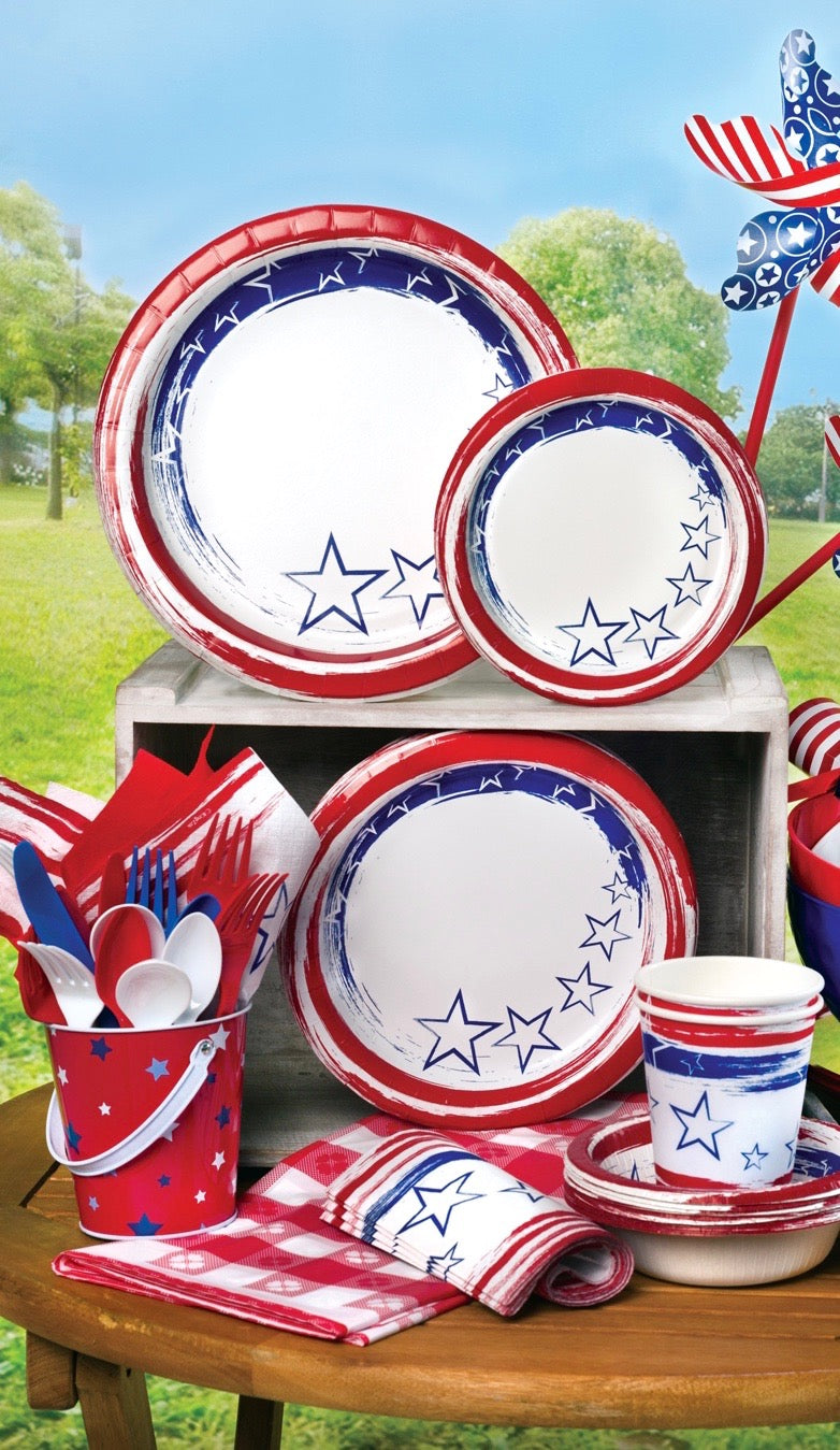 Premium Heavy Weight Paper Stars 'N Stripes Tableware<br/>Size Options: 12inch Plate, 10inch Plate, 8.75inch Plate, 7inch Plate, 12oz Bowl, 20oz Bowl, Lunch Napkin, 12oz Cup and Combo Cutlery