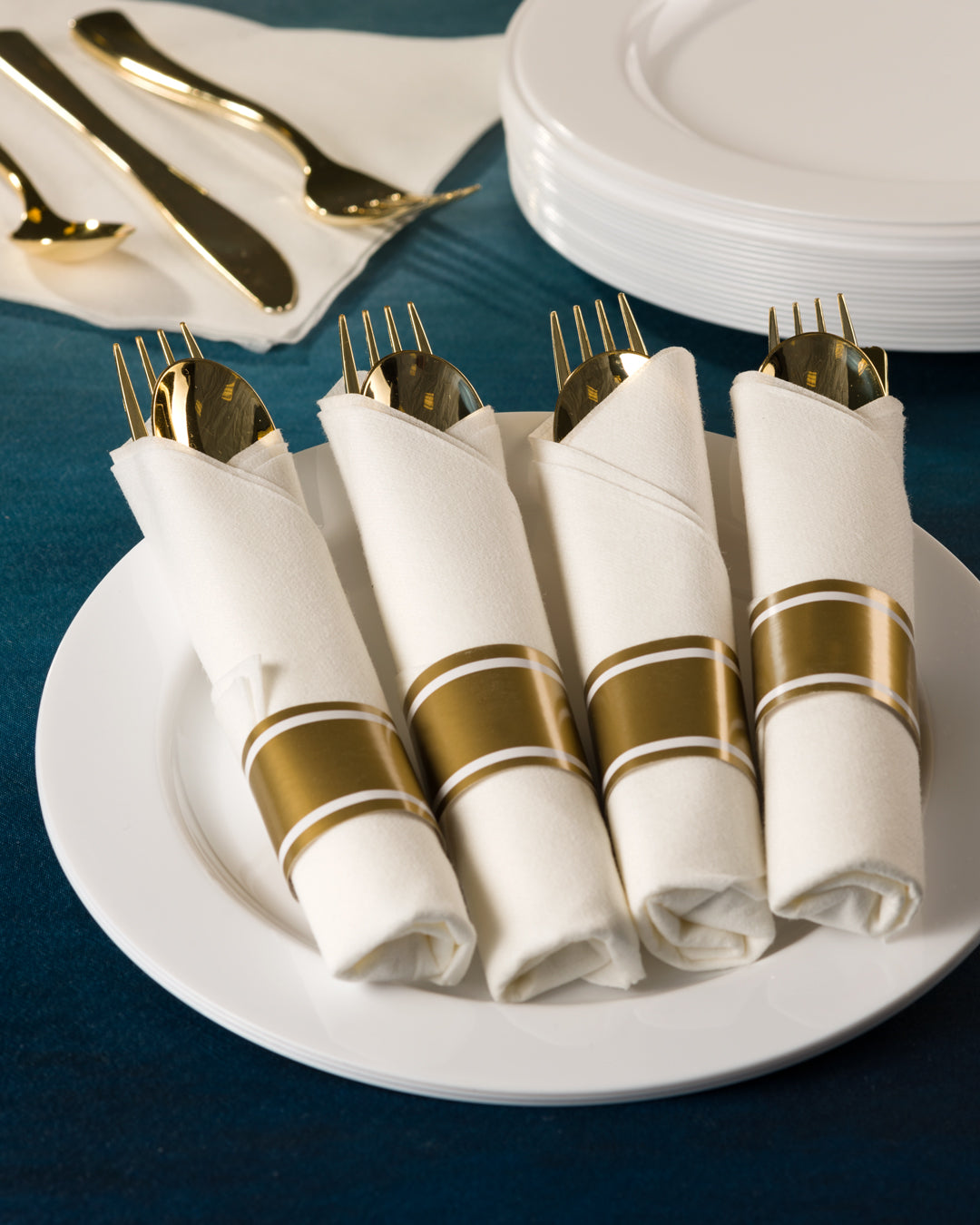 Pre-Rolled Gold Polished Premium Plastic Cutlery & Napkin Set - King Zak